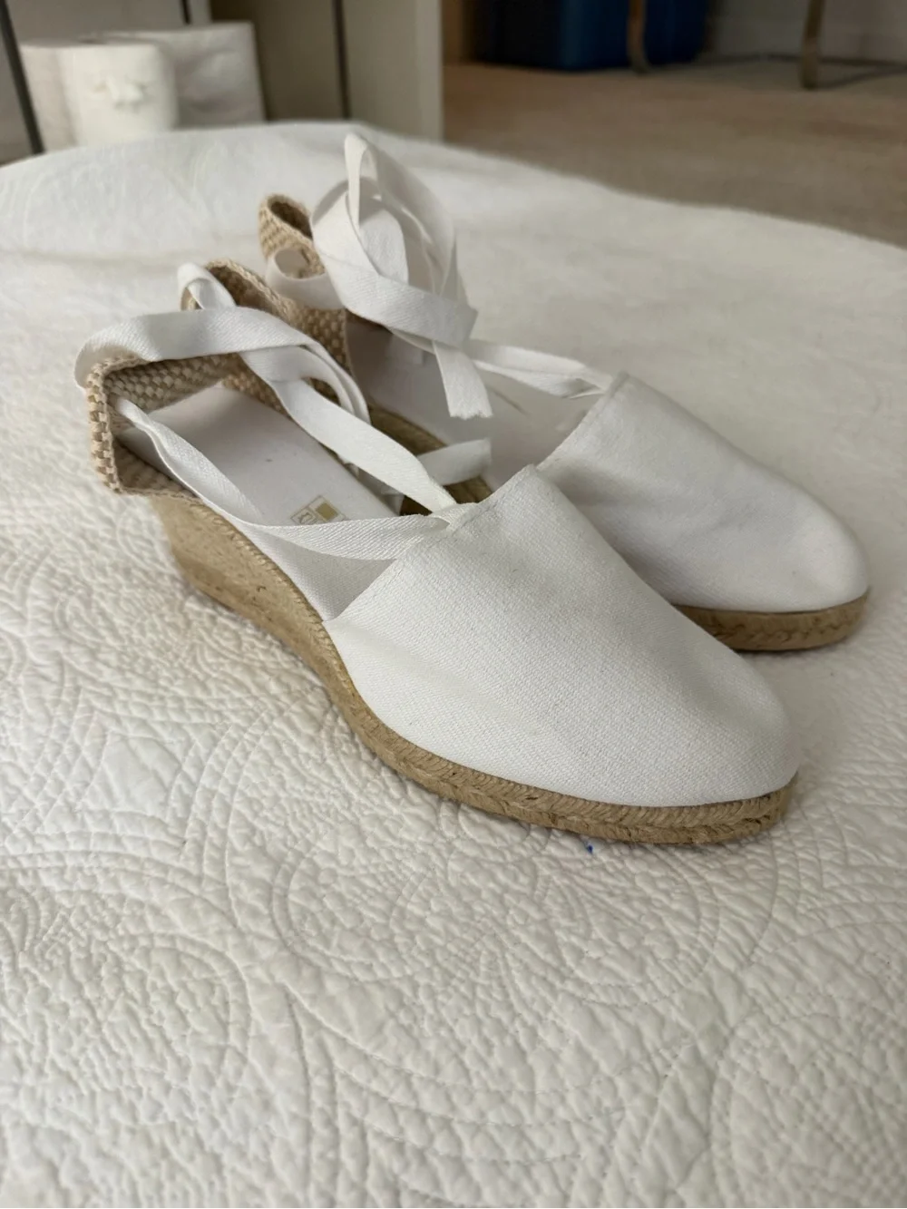 White Espadrille Wedge Tie-Back Sandals